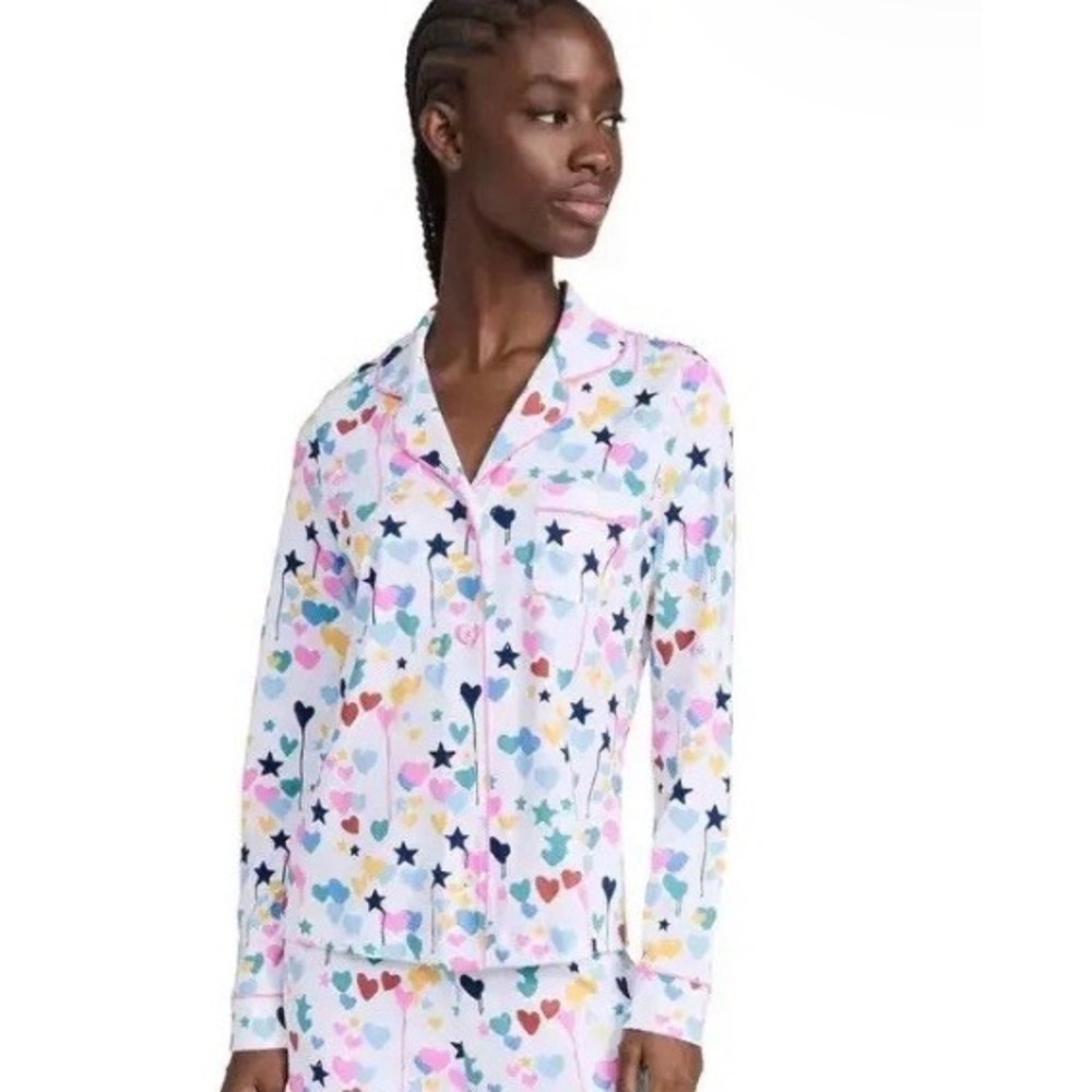 Roller Rabbit Hearts Stars Pajama Top S Pima Cotton Button Down Multicolor